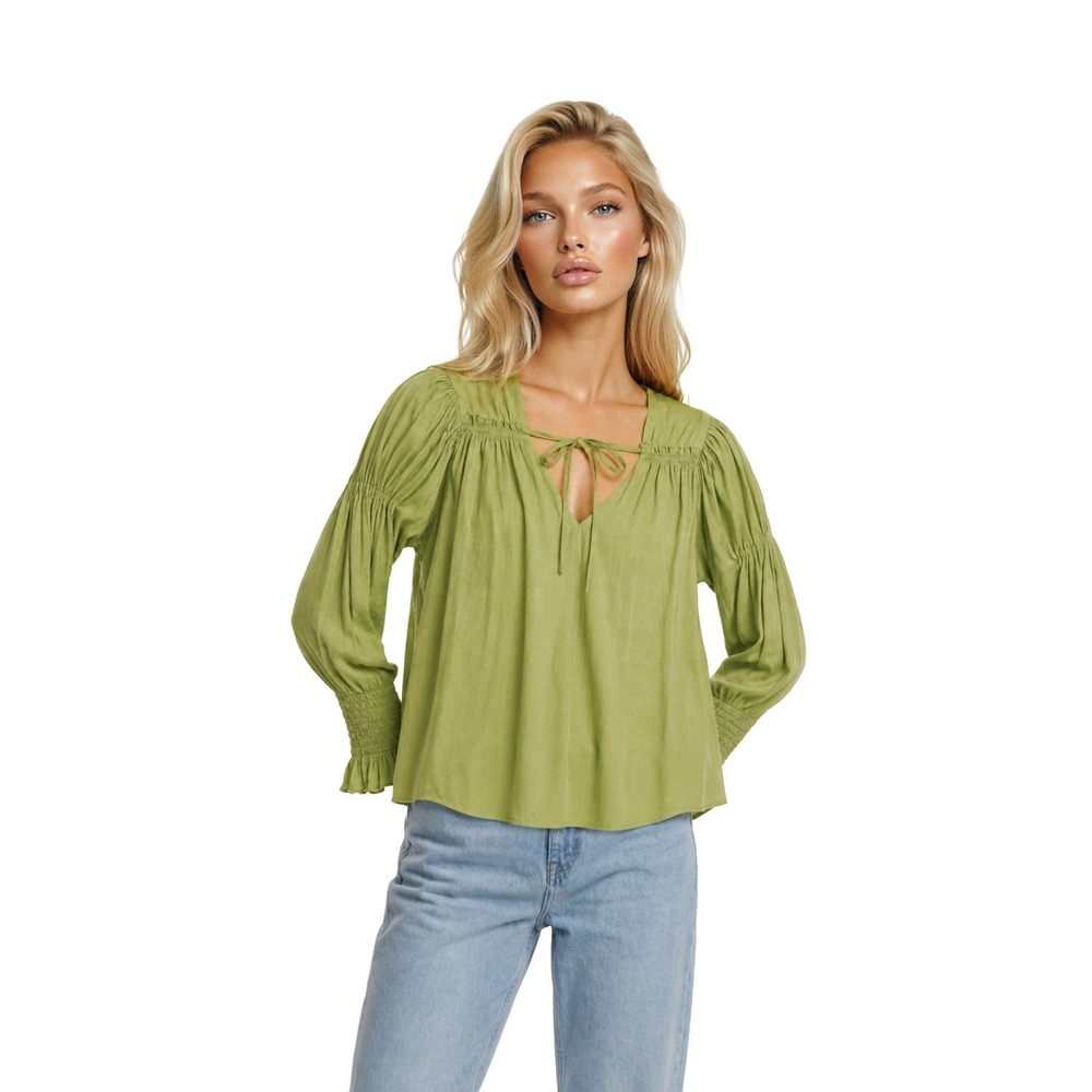 NWT Elie Tahari Blouse Women's Size Medium Green Smocked‎ Cuff Tie Neck Boho Top